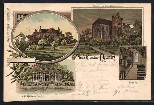 Lithographie Kloster Chorin, Kloster bei Abendbeleuchtung, Alte Klosterschänke, Kapelle