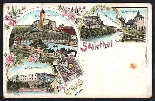 Lithographie Giebichenstein, Kirche, Dom von der Saaleseite, Ruine Moritzburg im Saalethal