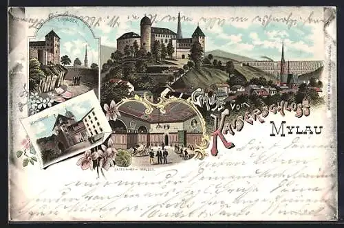 Lithographie Mylau, Schlosshof, Zwinger und Gastzimmer im Kaiserschloss