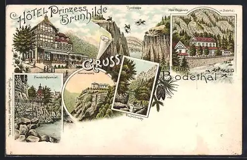 Lithographie Bodethal, Hotel Prinzess Brunhilde, Rosstrappe, Hotel Königsruhe, Freundschaftstempel