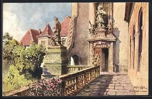 Künstler-AK Fritz Lach: Dürnstein a. D., Balkon mit Blick v. Fritz Lach