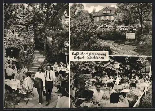 AK Erfurt-Bischleben, Das Café Bachstelzenweg mit Grotte und Terrasse