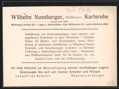 AK Karlsruhe, Werbekarte des Bildhauers Wilhelm Nussberger