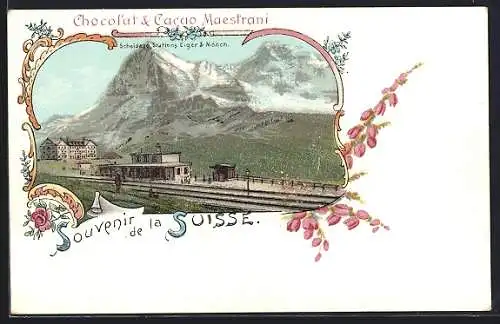 Lithographie Scheidegg, Station mit Eiger & Mönch, Reklame Chocolat & Cacao Maestrani, Bergbahn