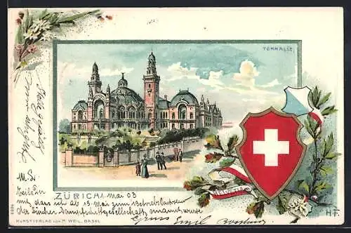 Passepartout-Lithographie Zürich, Tonhalle, Wappen und Schleife Helvetia, Edelweiss