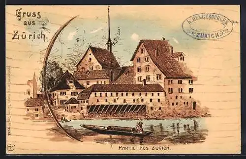 Lithographie Zürich, Partie mit Stocherkahn auf dem Fluss