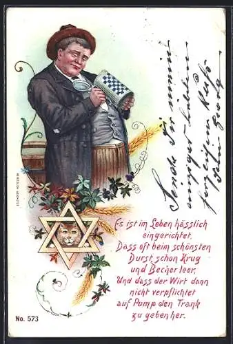 Lithographie Mann schaut bedauernd in senen leeren Bierkrug, Trinkergedicht