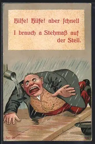 AK Betrunkener Mann liegt im Regen und kommt nicht hoch, er braucht eine Stehmass, Trinkerhumor