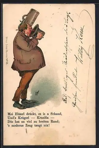 Lithographie Betrunkener Mann hat einen Bierkrug auf dem Kopf und trinkt aus dem Zylinder