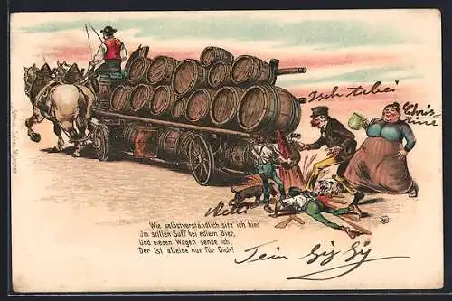 Lithographie Ein Wagen voller Bierfässer, Trinker rennen hinterher