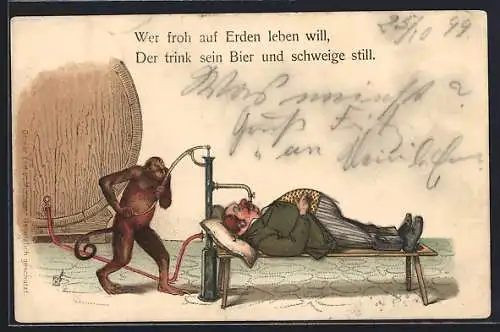 Lithographie Trinker lässt sich von einem Affen mit Bier füttern