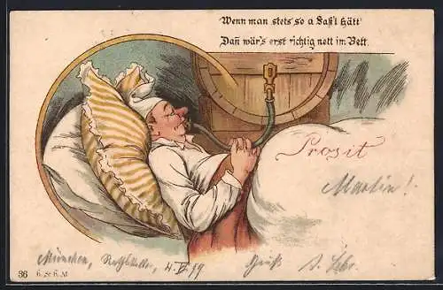 Lithographie Schlafender Mann trinkt Bier im Bett, Trinkerhumor