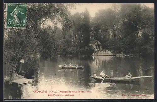 AK Gloton, Promenade dans le petit bras près L`Ile de la Lorionne, Boote