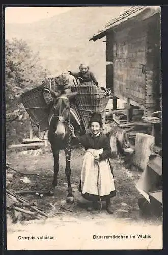 AK Bauernmädchen im Wallis mit Packpferd