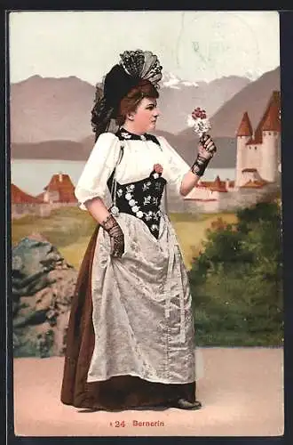 AK Bernerin in einer Tracht mit Blumenstrauss