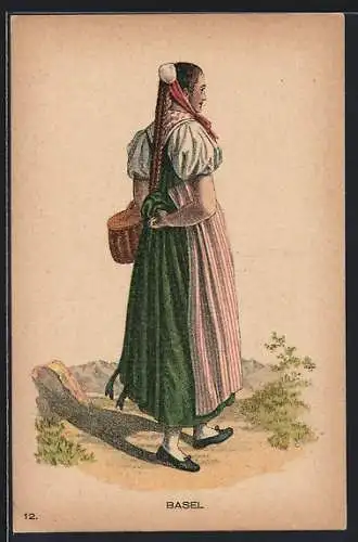 AK Schweiz, Anciens Costumes Suisses, Frau in Tracht mit einem Korb aus Basel