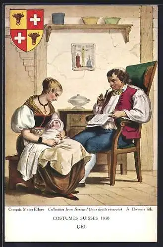 AK Paar in Trachten des Kantons Uri mit Säugling, Wappen, Schweizer Trachten 1830