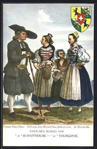 AK Gruppe in Schaffhausener und Thurgauer Trachten, Wappen, Schweizer Trachten 1830