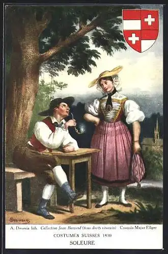 AK Paar in Solothurner Tracht, Wappen, Schweizer Trachten 1830