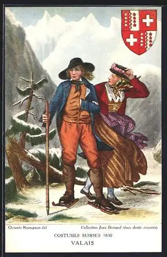 AK Paar in Tracht des Kantons Wallis im Gebirge, Wappen, Schweizer Trachten 1830