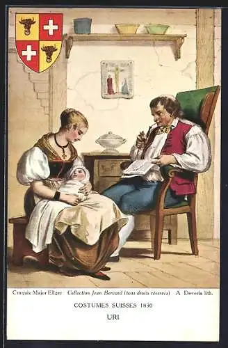 AK Paar in Trachten des Kantons Uri mit Säugling, Wappen, Schweizer Trachten 1830