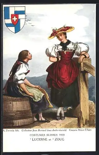 AK Zwei Frauen in Zuger und Luzerner Trachten, Wappen, Schweizer Trachten 1830