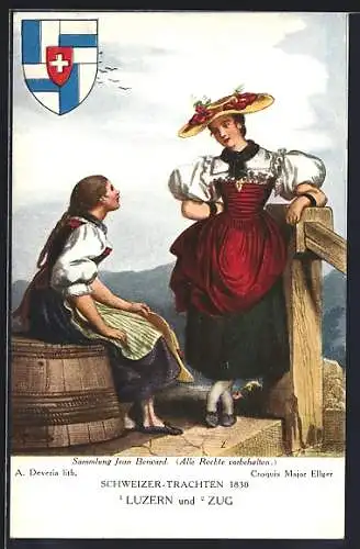 AK Zwei Frauen in Zuger und Luzerner Trachten, Wappen, Schweizer Trachten 1830