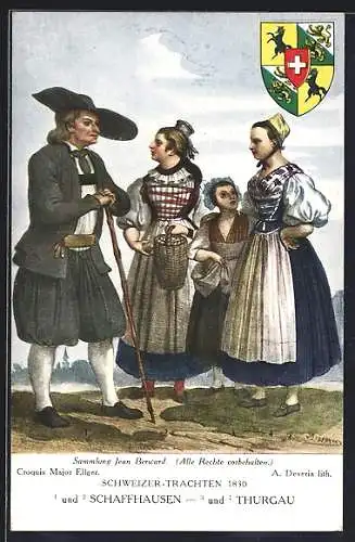 AK Gruppe in Schaffhausener und Thurgauer Trachten, Wappen, Schweizer Trachten 1830