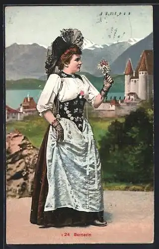 AK Bernerin in einer Tracht mit Blumenstrauss