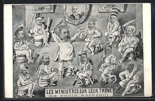 Künstler-AK Les Ministres Sur Leur Trône, Ca porte bonheur, Karikatur Loubet