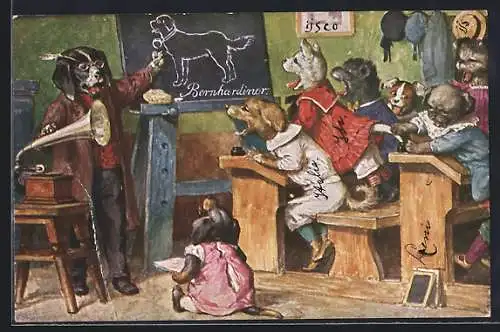 Künstler-AK A. Thiele: In der Hundeschule, Musikunterricht mit Grammophon
