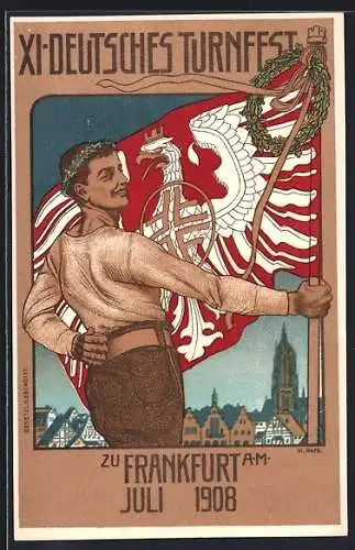 Künstler-AK Frankfurt a. M., XI. Deutsches Turnfest 1908, Turner mit Fahne