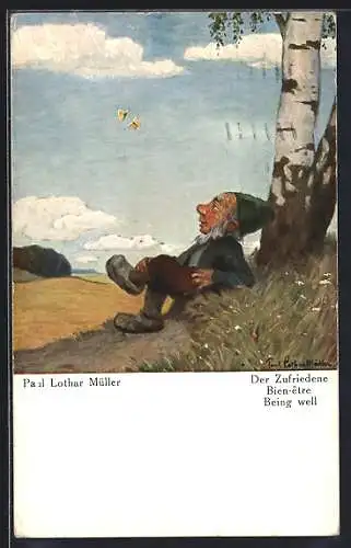 Künstler-AK Paul Lothar Müller: Der zufriedene Zwerg sieht Schmetterlingen zu