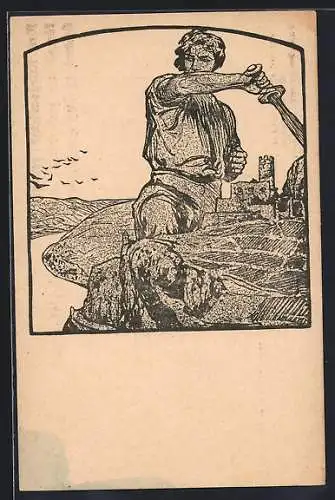 Künstler-AK Ernst Liebermann: Kämpfer mit Schwert beschirmt die Burg, Kriegsanleihe