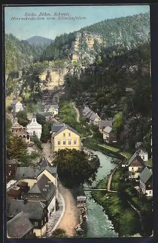 AK Herrnskretschen / Hrensko, Ortsansicht vom Elisalexfelsen