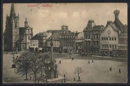 AK Leitmeritz, Stadtplatz mit Denkmal