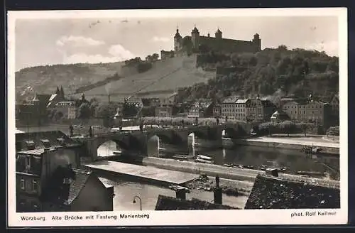 AK Würzburg, Alte Brücke mit Festung Marienberg