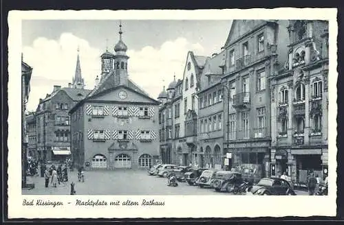 AK Bad Kissingen, Marktplatz mit Geschäften und altem Rathaus