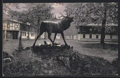 AK Hubertusstock, Jagdschloss mit Hirschdenkmal