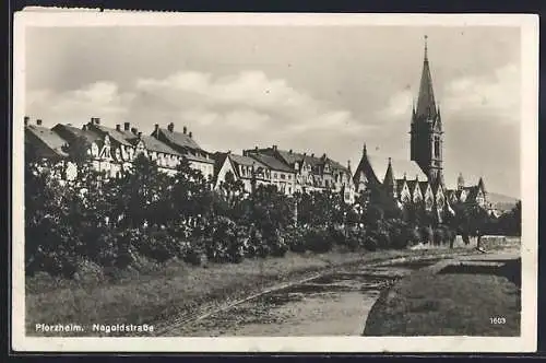 AK Pforzheim, Nagoldstrasse mit Kirche