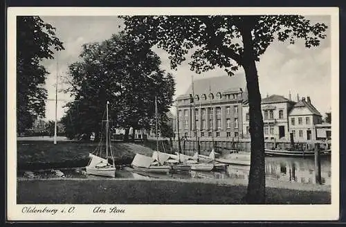 AK Oldenburg i. O., Am Stau, mit Segelbooten und Frachtschiff