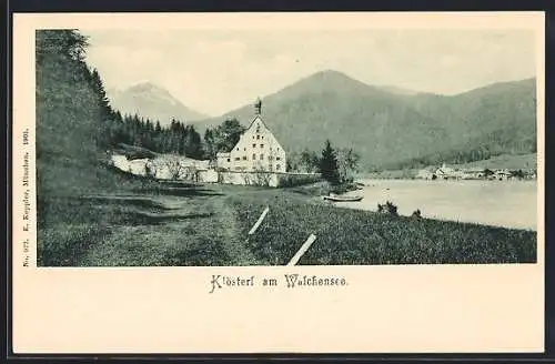 AK Klösterl am Walchensee, Uferpartie mit Bergen