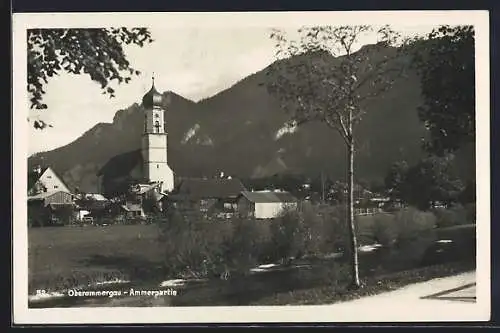 AK Oberammergau, Ammerpartie mit Kirche