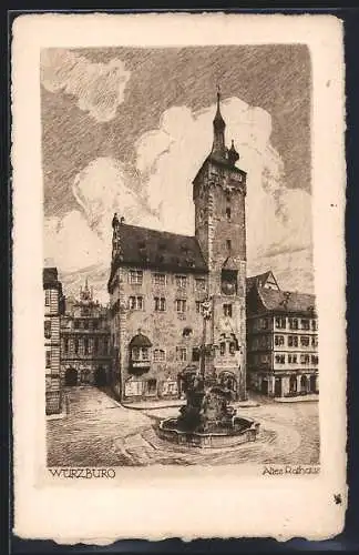 Künstler-AK Würzburg, Altes Rathaus mit Brunnen