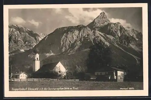 AK Ehrwald an der Zugspitze, Ortspartie mit Kirche und Sonnenspitze