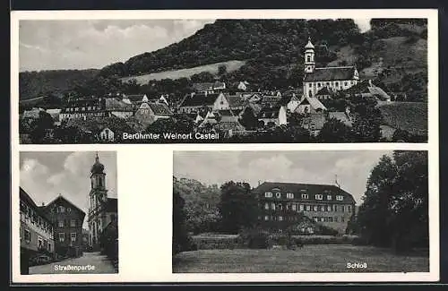 AK Castell, Teilansicht mit Kirche, Schloss, Strassenpartie