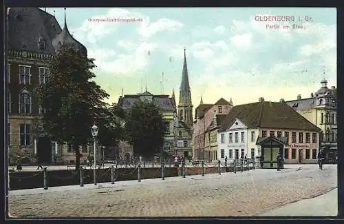 AK Oldenburg i. Gr., Strassenpartie am Stau mit Hotel & Restaurant und Oberpostdirektionsgebäude