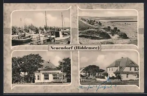 AK Neuendorf / Hiddensee, Haus Heiderose, Strassenpartie, Strand und Hafen mit Segelbooten