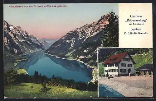 AK Klönthal, Klöntalersee, Gasthof Rodannenberg mit Sicht über den See