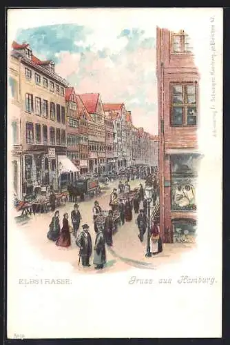 Lithographie Hamburg-Altona, Elbstrasse mit Markt